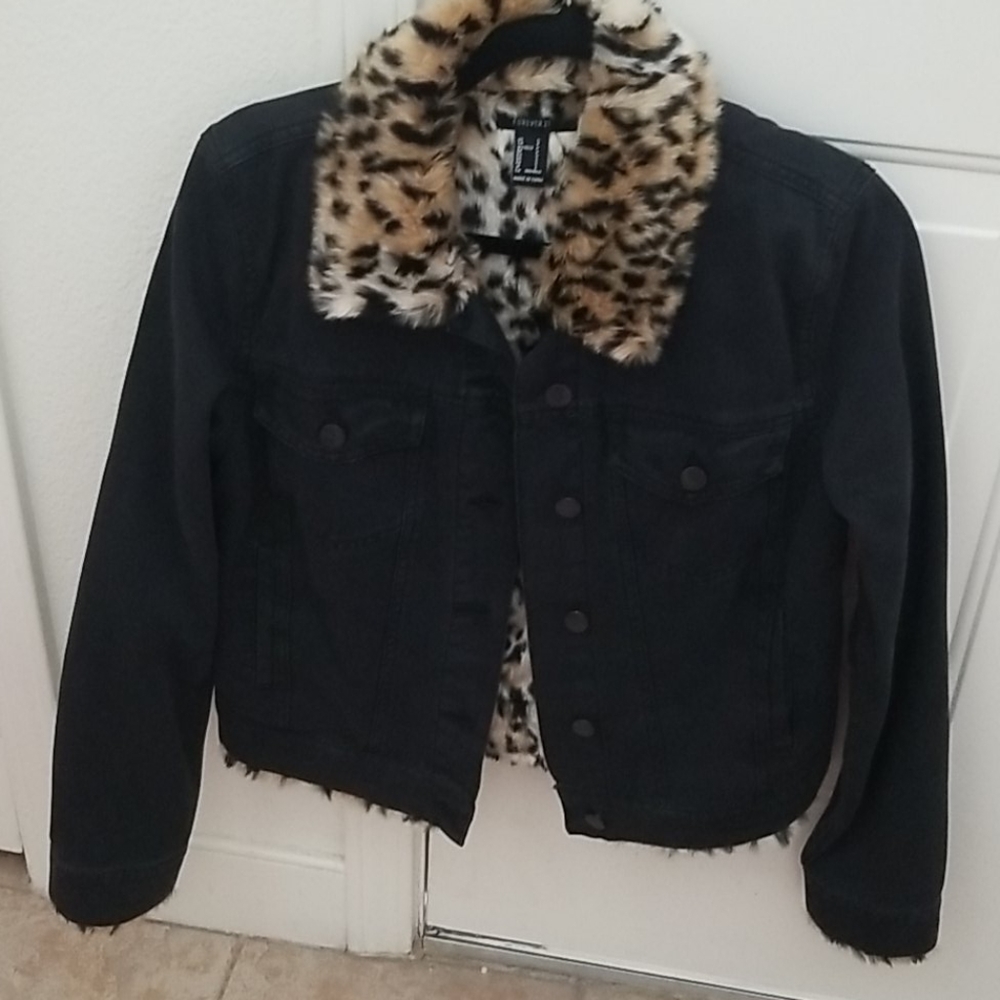 Forever 21 leopard print/black denim jacket